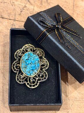 Vintage Gold-Finish Brooch With Turquoise Stone Mosaic Design & Gift Box